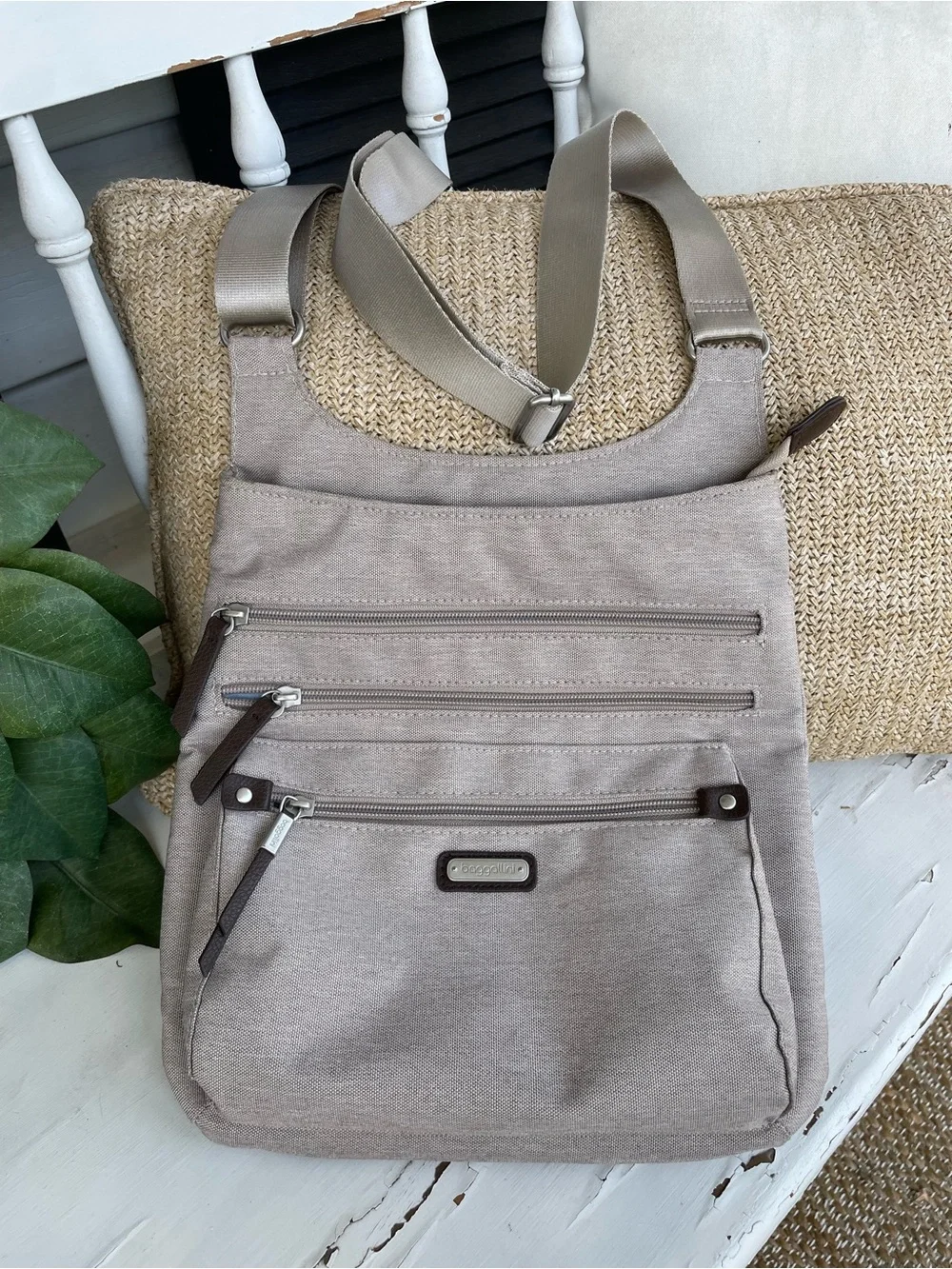 Baggallini Around Town Crossbody Messenger Taupe/Beige w/ RFID Phone Wristlet